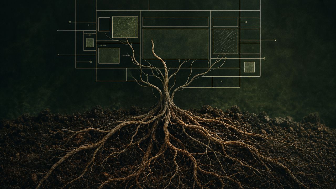 Raíz de árbol conectada a una estructura de bloques tipo plano técnico, representando la base invisible del SEO
